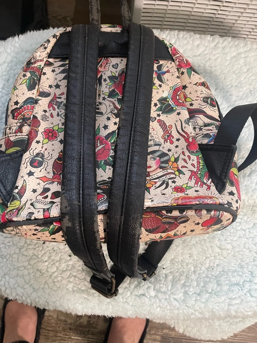 Loungefly Cream Tattoo-Print Mini Backpack with Red, Black & Green Accents